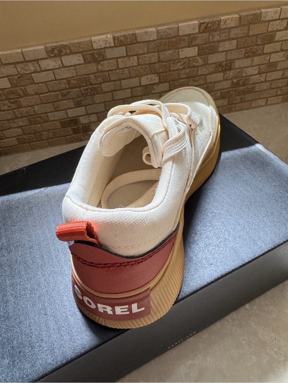 Sorel Cream Canvas Sneakers with Tan Sole and Red Heel Tab - Picture 2 of 2